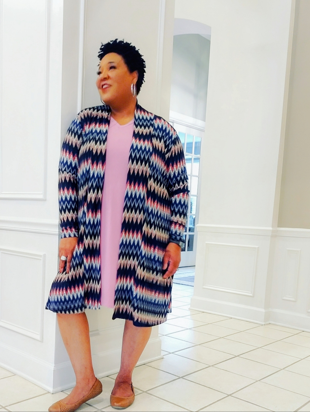 Angie Boho Zigzag Cardigan | Navy Multi Open‎ Front Duster Sweater 1X 2X